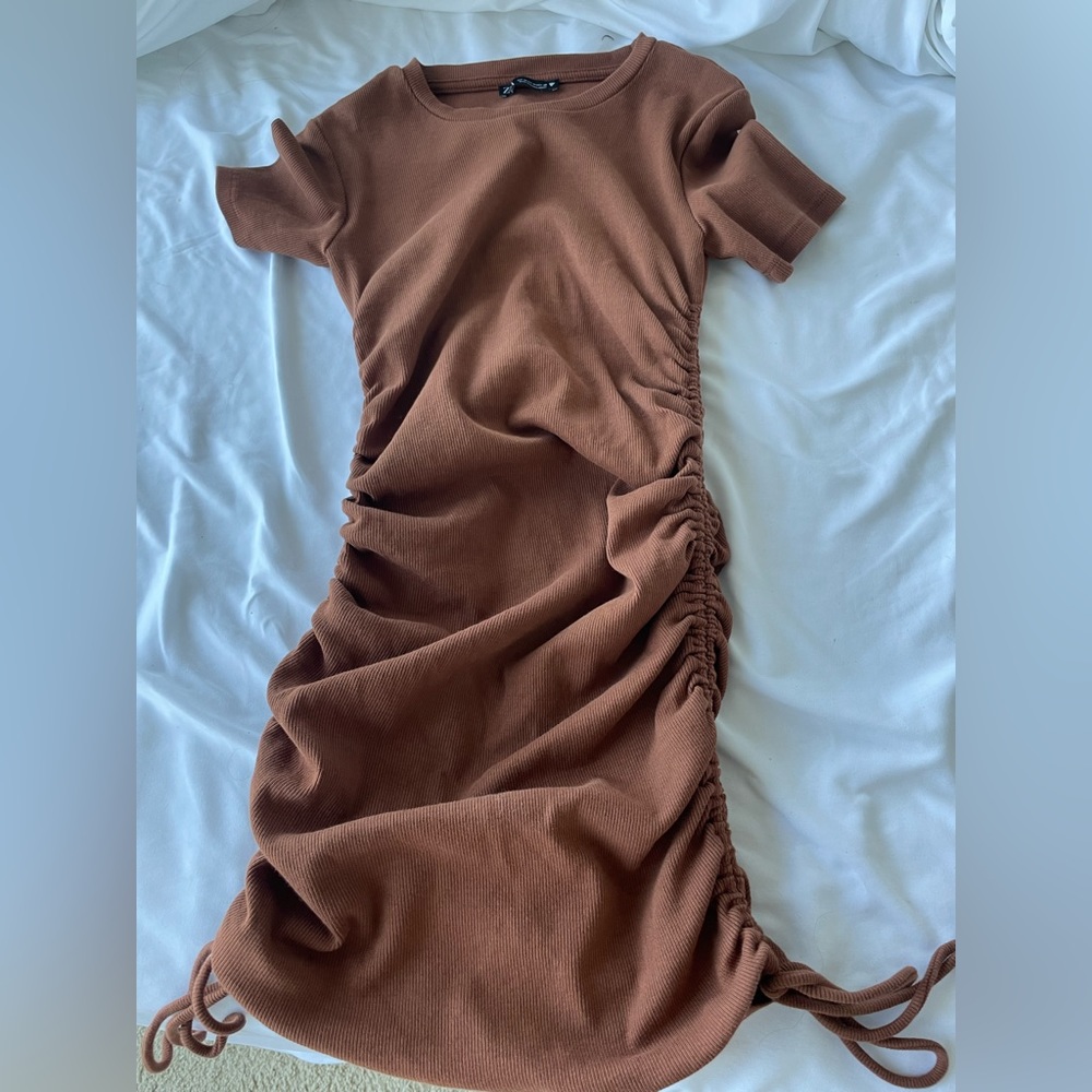 Zara ruched side tie copper mini dress